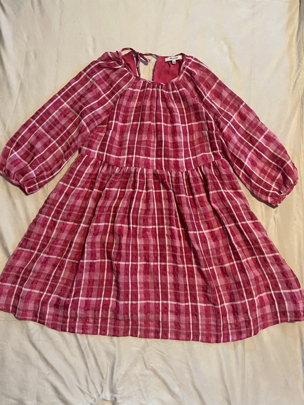 Madewell pink Plaid Long-Sleeve Tiered Dress